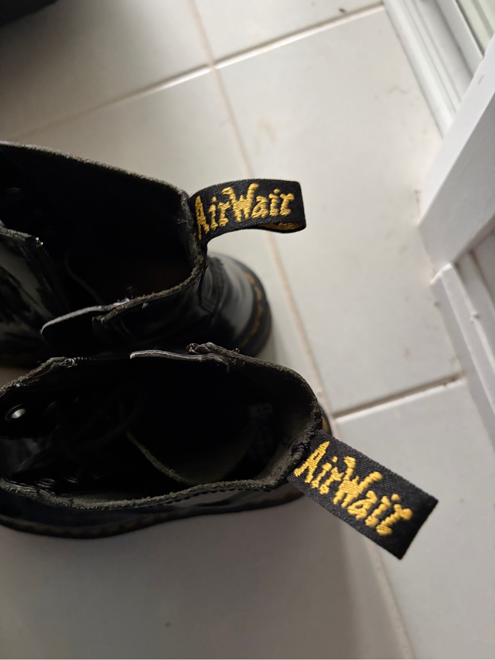 Dr. Martens Black Patent Platform Lace-Up Boots with Yellow Stitching - Picture 4 of 5